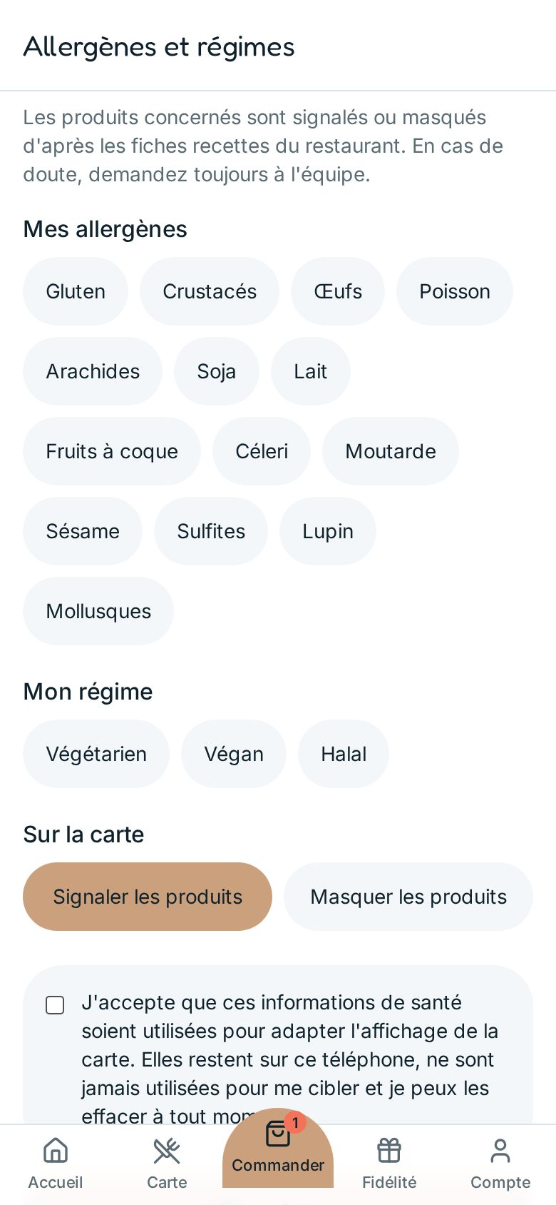 Écran Allergènes et régimes